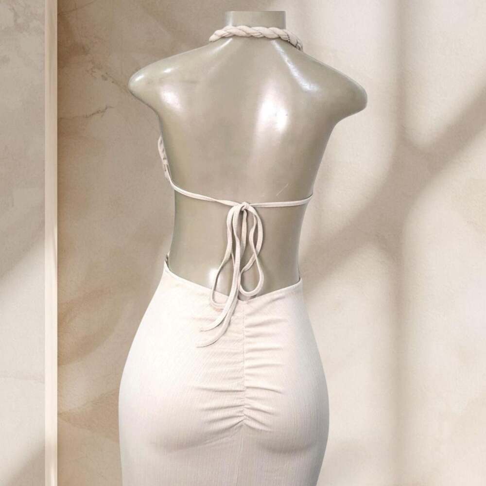 Beige Cutout Maxi Dress – Halter Neck Braided Detail Bodycon w/ Sexy Chic ✧ S - Picture 4 of 5